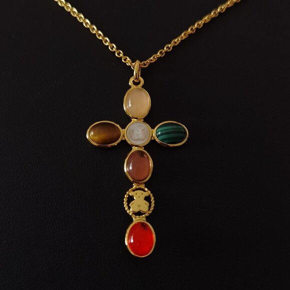 Tous Silver-Gold-Plated Cross Colored Gemstone Necklace - Picture 4 of 9